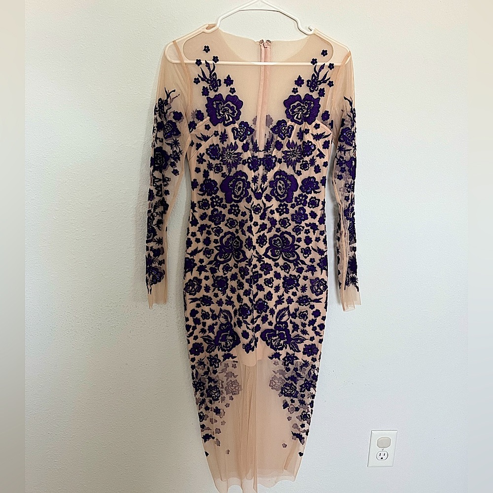 Long sleeve mesh dress with floral embroidery
